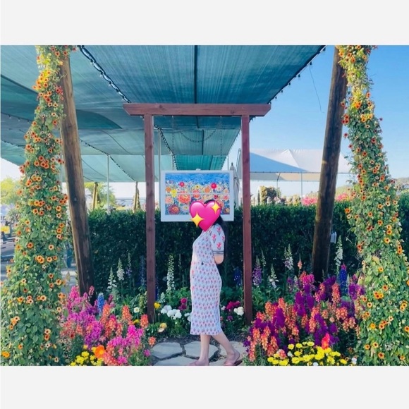 Srishti Floral Cotton Linen Blend Midi Dress S India Floral Print Pink White - Picture 3 of 3